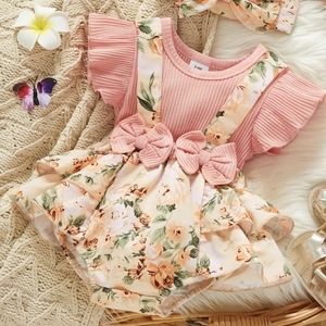 Baby Girls Cute Elegant Ribbed Romper With Floral Print